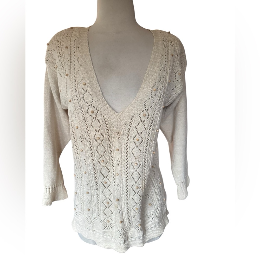 1980s Jantzen Eyelet Wooden Beaded V-Neck Sweater